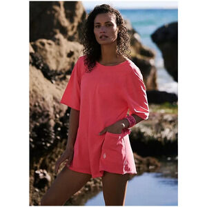 Free People Movement Hot Shot Tee Romper Electric Sunset Coral Size Small